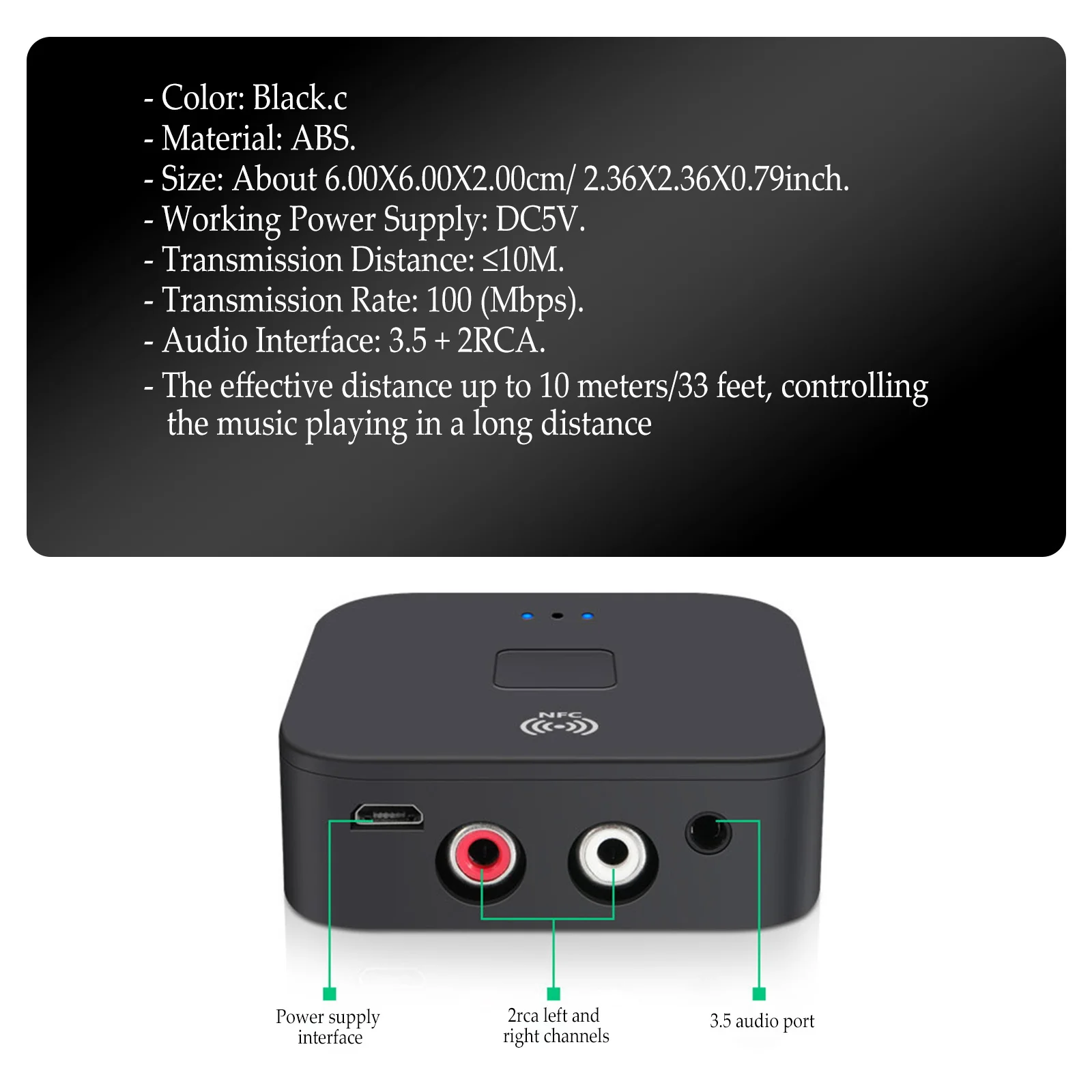 

Receiver Wireless Audio Adapter Nfc 3.5Mm Rca Dual Output 10M Range For Car Home Office Audio System Amplifier Speaker