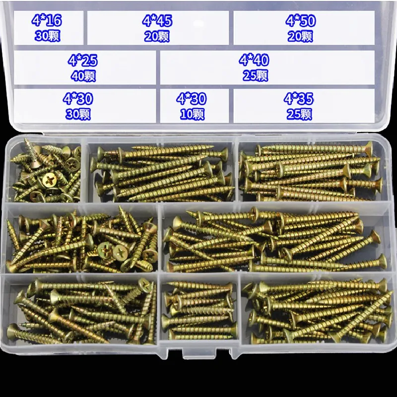 230Pcs M3.5 M4 Wood Screw Set Cross Recessed Fiberboard Screw Zinc Plated Self Tapping Screw Countersunk Flat Head Board Screws