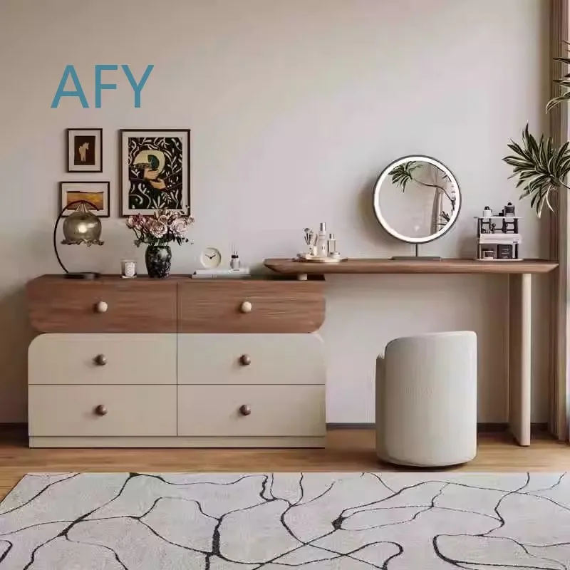 Modern EO Grade Solid Wood Multi-Layer MDF Dressing Table for Bedroom with 2 Golden Ribbed Drawers Makeup Vanity Baked Paint