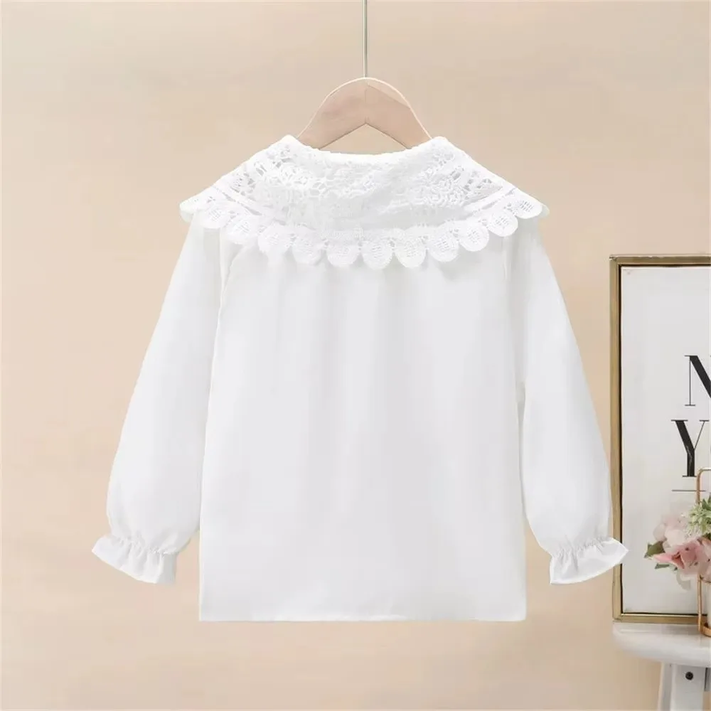 Lace Embroidery Long Sleeve Blouse Solid Color White Long Sleeved Cotton Shirt Top Hollow Out Collar Loose Fit