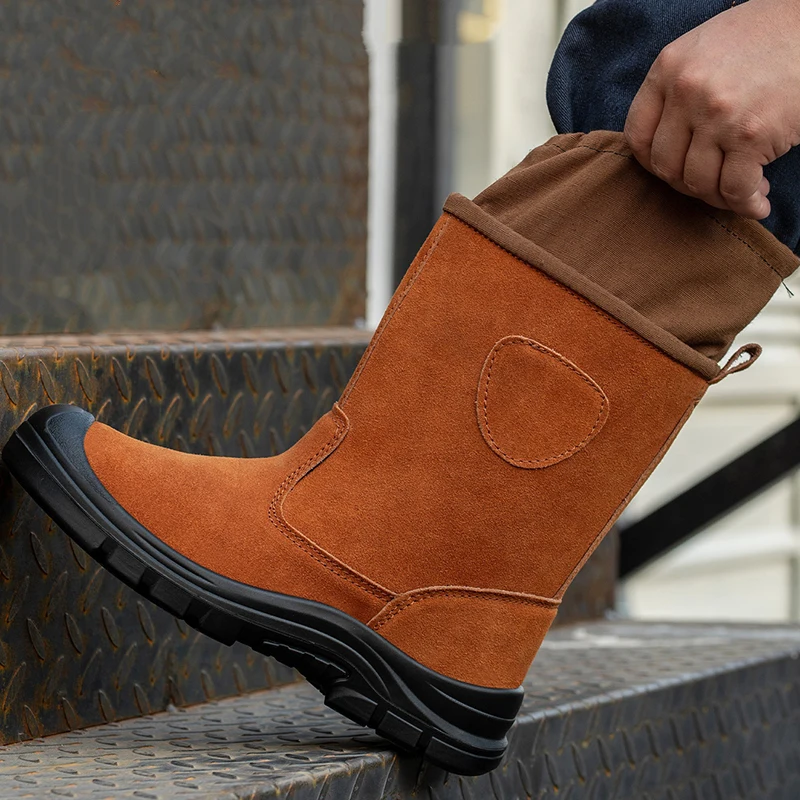 men casual steel toe covers work safety boots slip-on genuine leather welding shoes worker ankle botas safe footwear protection