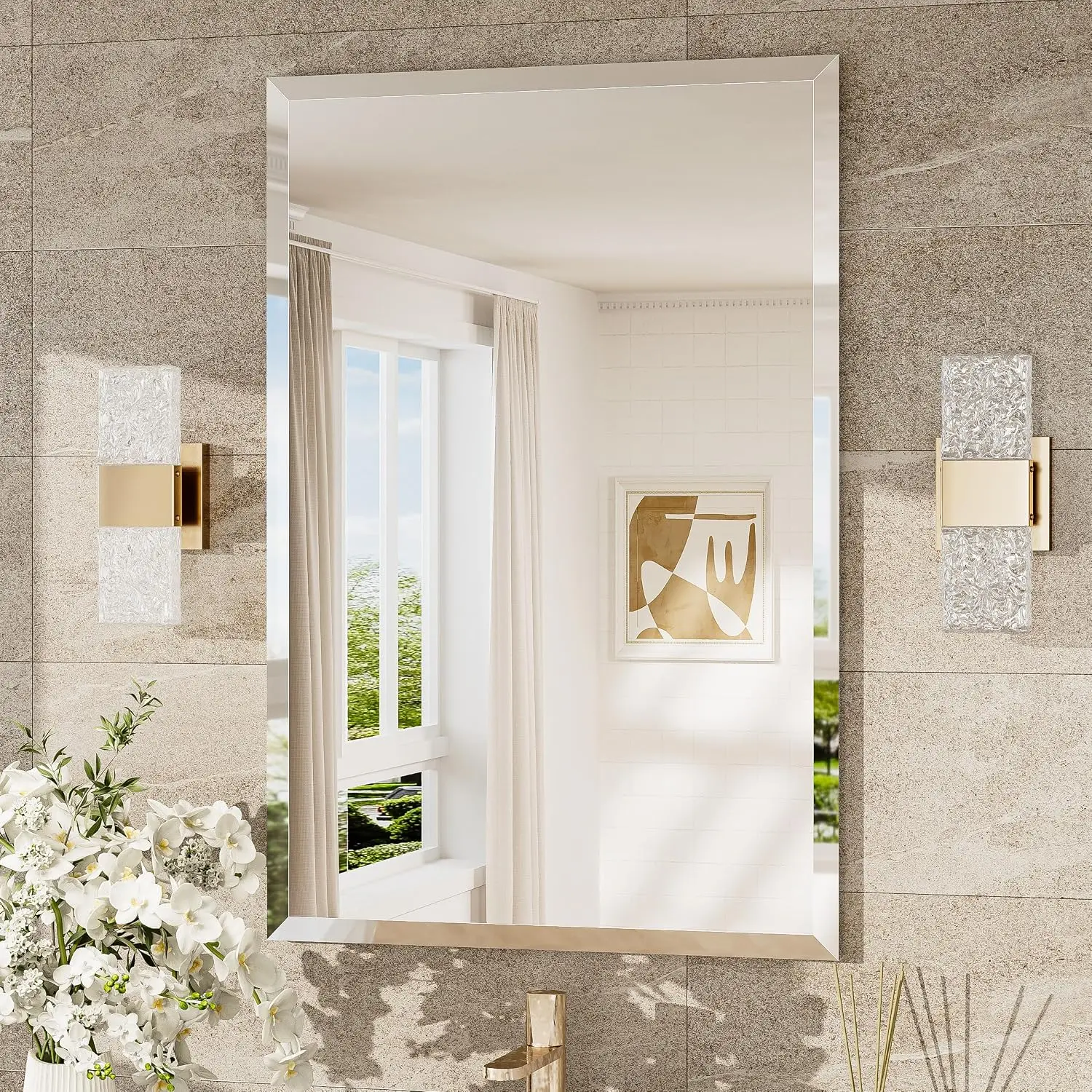 24X36 Beveled Wall Mirror Decorative Bathroom Vanity Mirrored 1 Inch Edge Shatterproof Modern Frameless Rectangle Living Room En