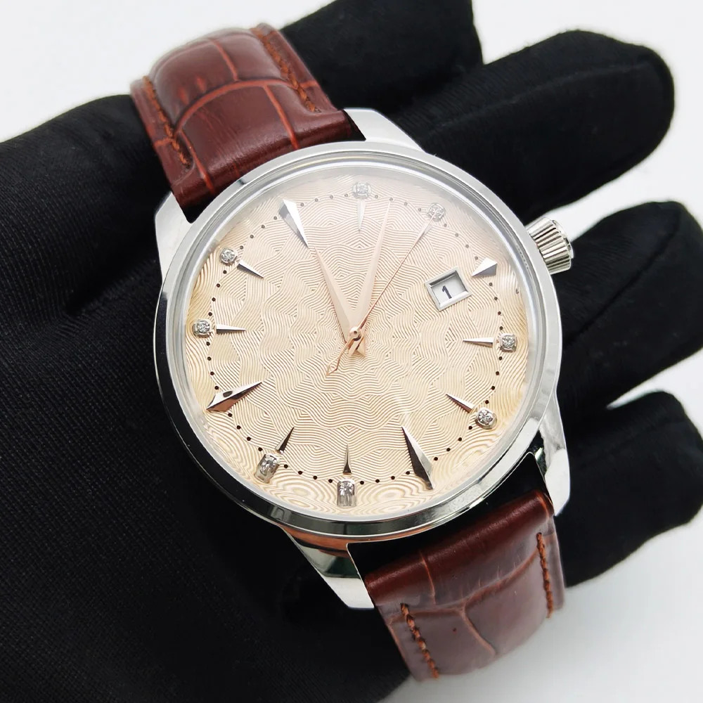 Stylish Cool Men's Business Watch, Brown Leather Strap, Transparent Case Back, NH35 Men's Automatic Mechanical Watch