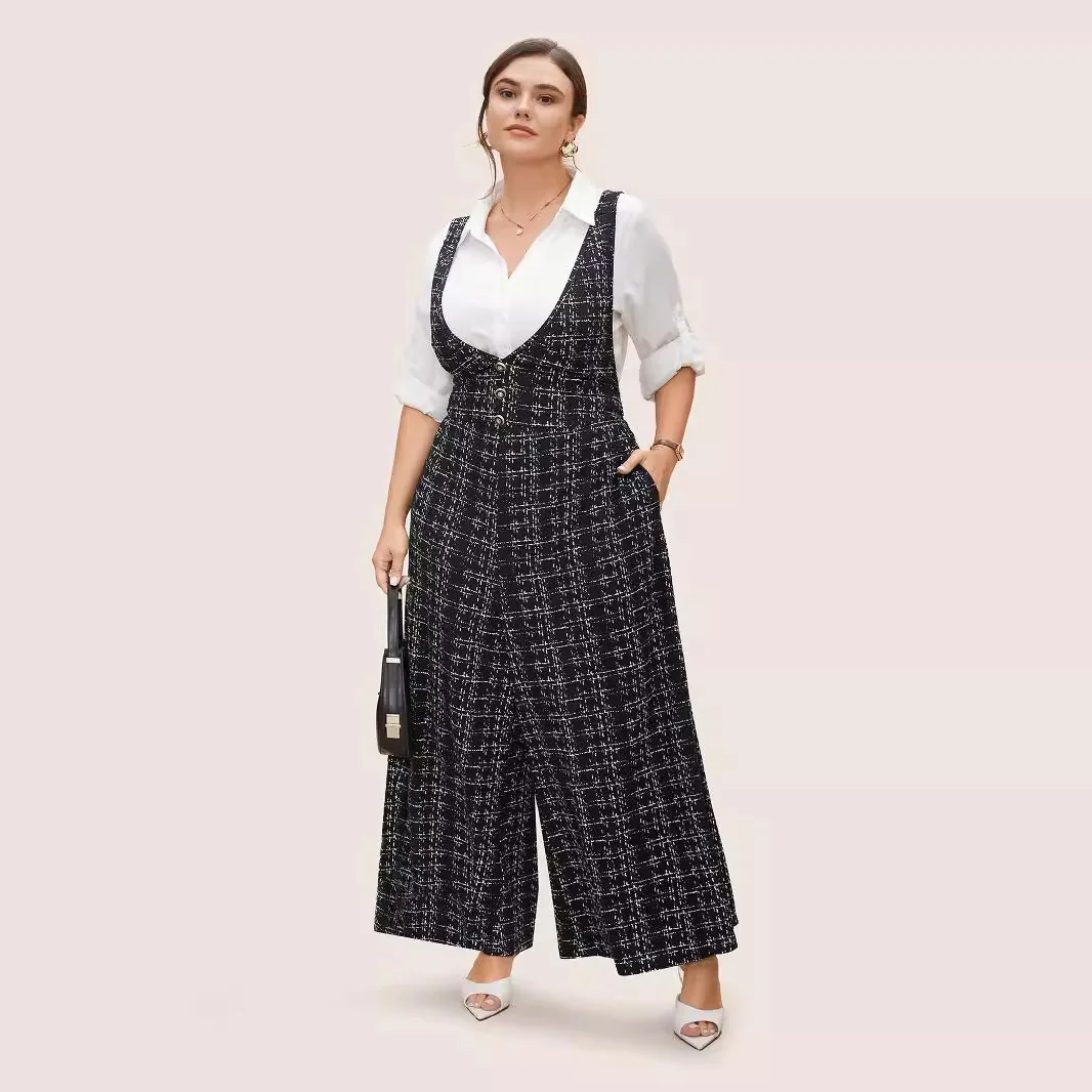 Plus Size Clothing Large Plaid Cross Back Button One Piece Outfit Women Printed Sleeveless Jumpsuit Overalls For Women New