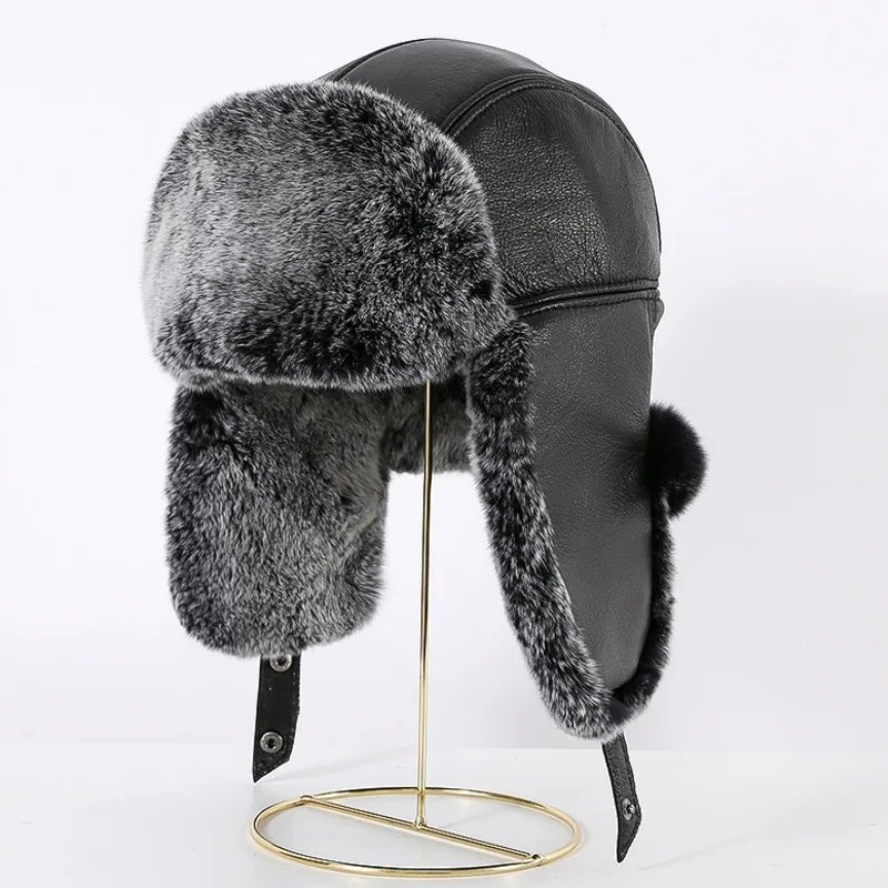 Rex Rabbit Fur Lei Feng Hat For Men Winter Genuine Sheepskin Rabbit Fur Caps Russians Thick Warm Ear Protection Hats Bomber Caps