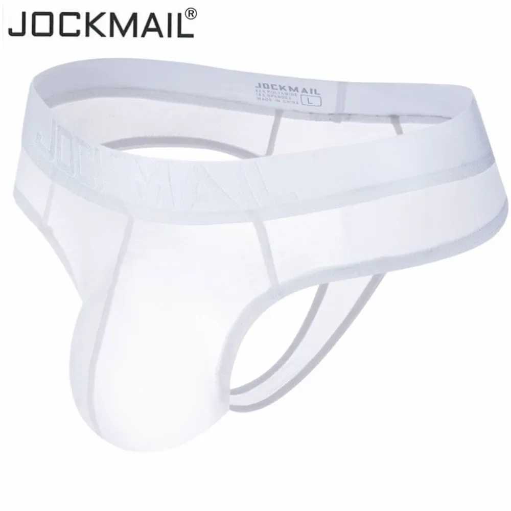 JOCKMAIL-tangas transparentes para hombre, ropa interior Sexy Gay, calzoncillos de seda de hielo, Bikini transparente, Tanga con parte trasera en T