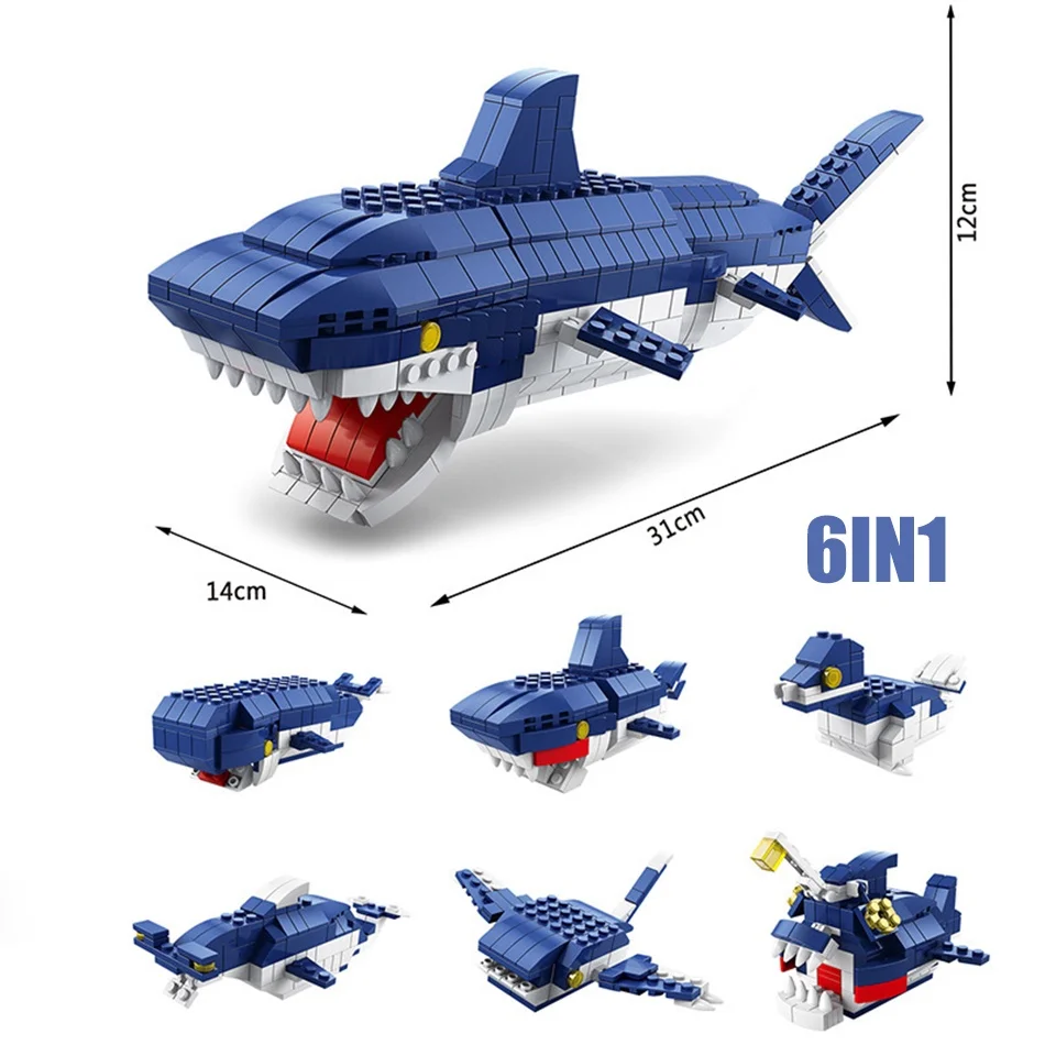 1000 قطعة 6 في 1 أسماك القرش المحيط عالم البحر اللبنات تحت سطح البحر الحيوان خلق الطوب لعبة تعليمية للأطفال