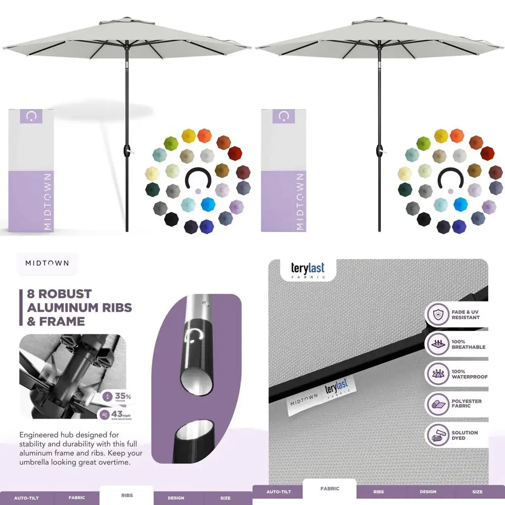 

Зонт для патио 10 футов, устойчивый к выцветанию, с автоматическим наклоном и усиленными спицами, светло-белый купол, черный стержень