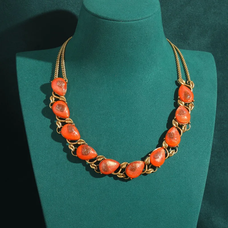 Vintage Gold Color Leaves Powder Glass Orange Water Drop Necklaces for Choker Collar Woman Antique Jewelry Accessories Luxury