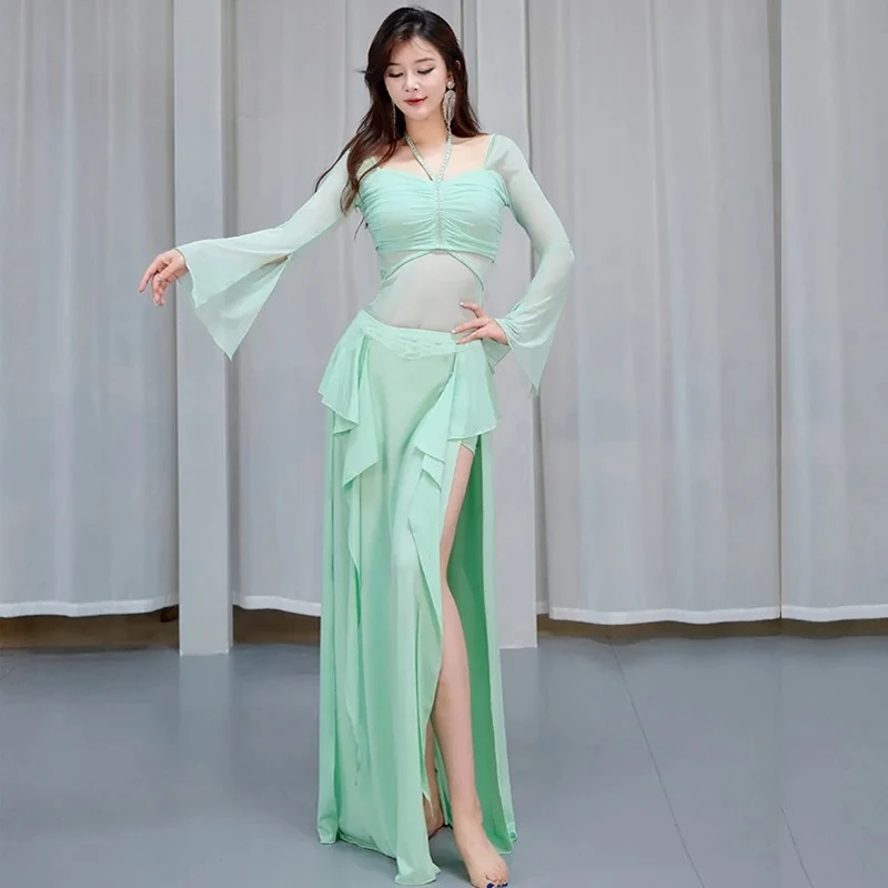 2 Pieces Set Belly Dance Costumes Sexy Top and Long Skirt Wearing Outfit for Women Stage Performance Dancing Practice Clothes