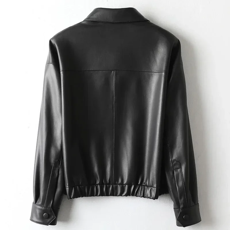 New sheepskin leather women\'s short baseball leather  casual motorcycle jacket