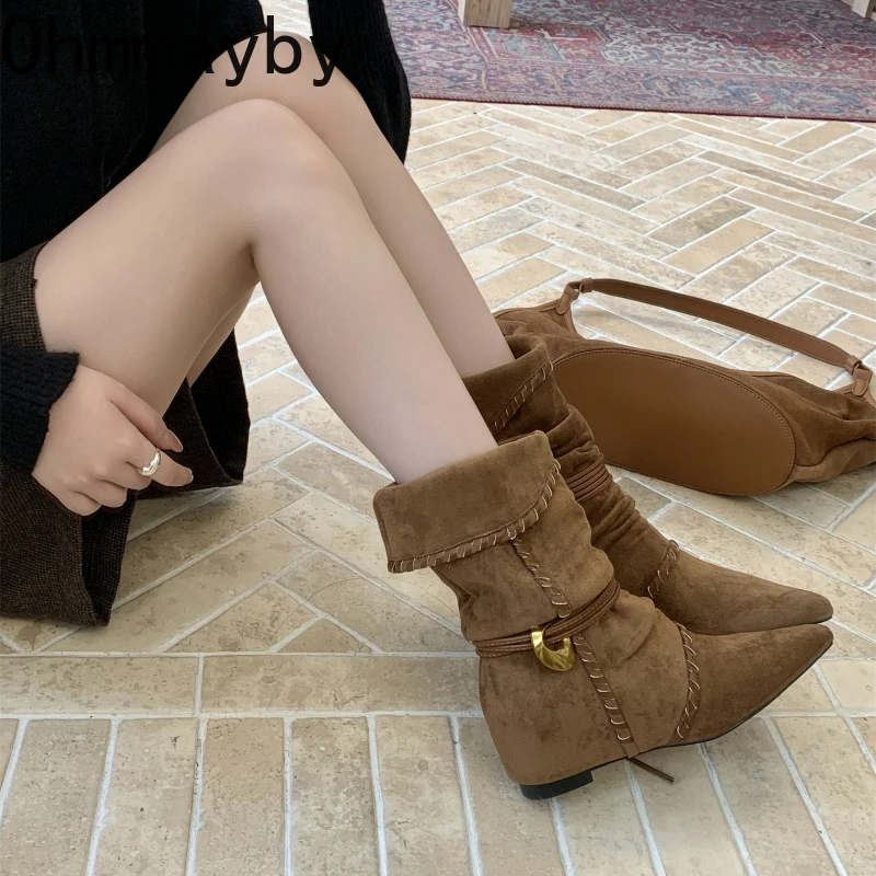 الخريف الشتاء مطوي الغربية منتصف العجل أحذية النساء مصمم أشار تو الارتفاع الداخلي فارس Botines دي Mujer