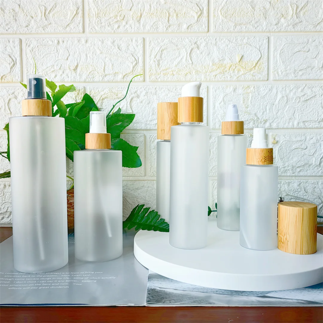 5 pces 100-500ml vazio fosco perfume spray dispensador de sabão pet bomba de plástico recarregável loção toner garrafa de viagem com tampa de bambu