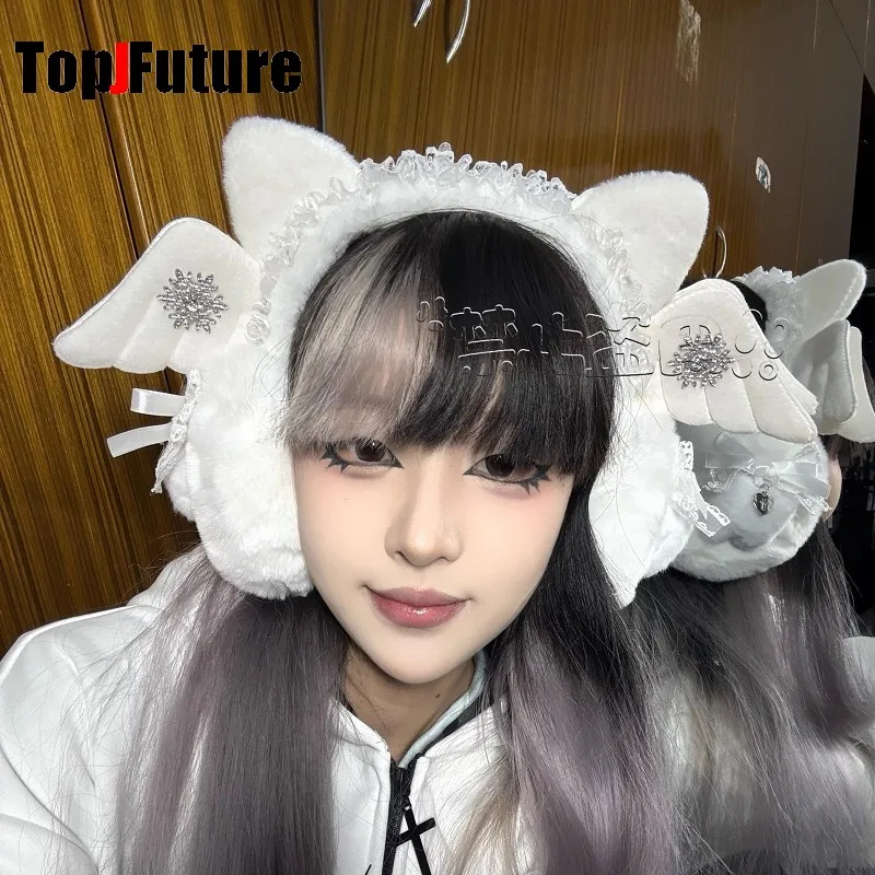 고딕 로리타 귀마개, 천사 날개 고양이 귀 모피 귀마개, 귀 워머, 고딕 스팀펑크 귀 보호, 사이클링 이어백