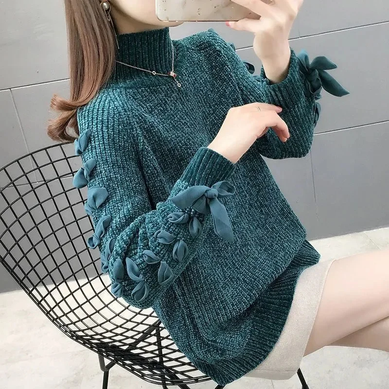 2024 Female Loose Fitting Thick Thread Sweater Women Long Sleeves Golden Velvet Knitwear Winter Ladies High Collar Pullover Knit