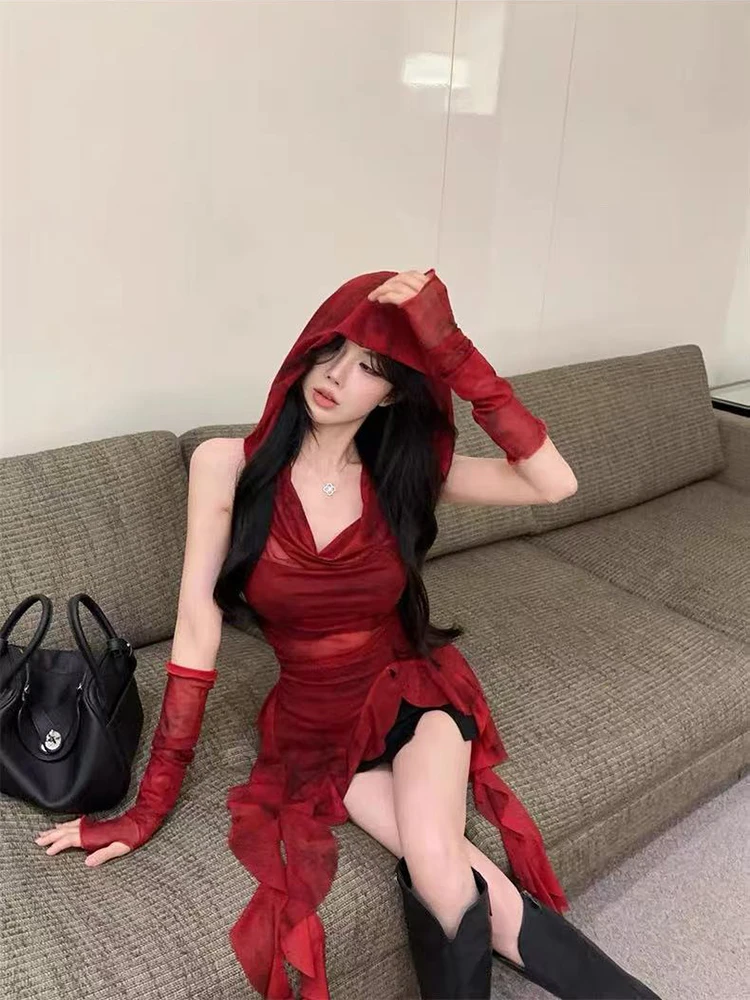 

Красная футболка с рюшами и капюшоном, женская летняя модная тонкая футболка с рукавами, топы в Корейском стиле, уличная одежда, узкие женские футболки, новинка