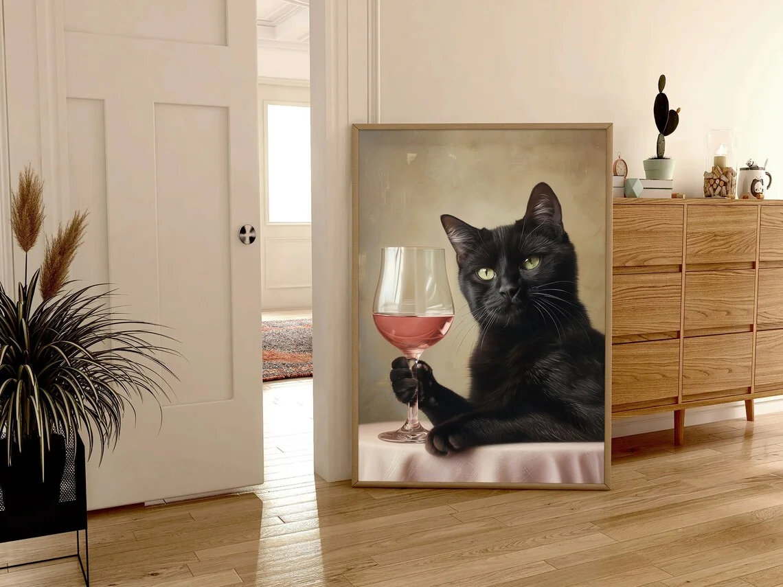 Black Cat with Glass of Wine Pink Print Animal Preppy Poster Painting Modern Boho Wall Art Girly Dorm Tween Teen Room Decor Fram view 4