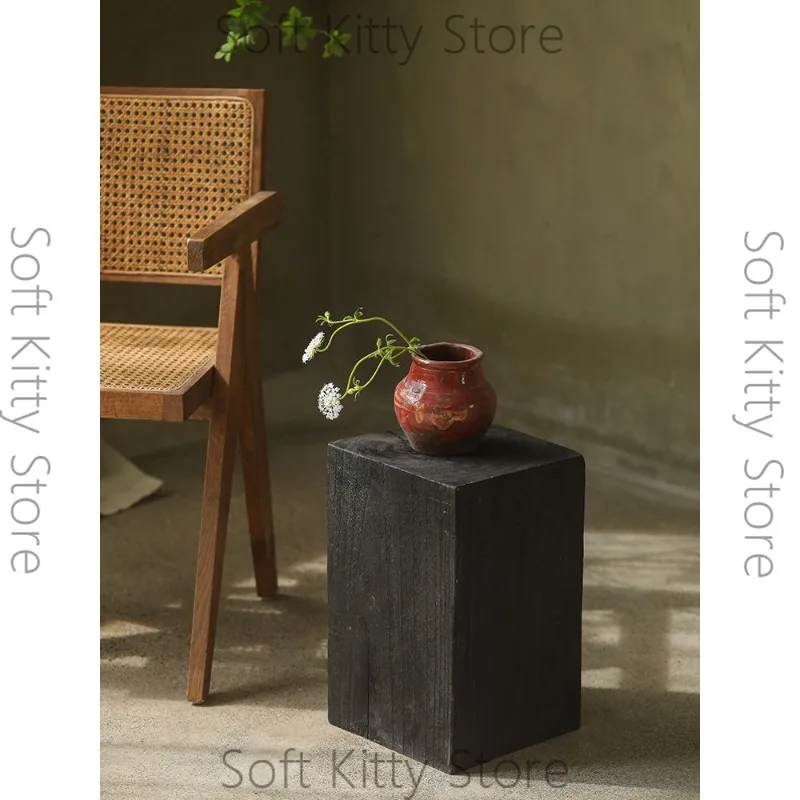 Black Wabi-Sabi Solid Wood Square Side Stand With Storage Shelf Zen Living Room Sofa End Organizer For Tea Supplies
