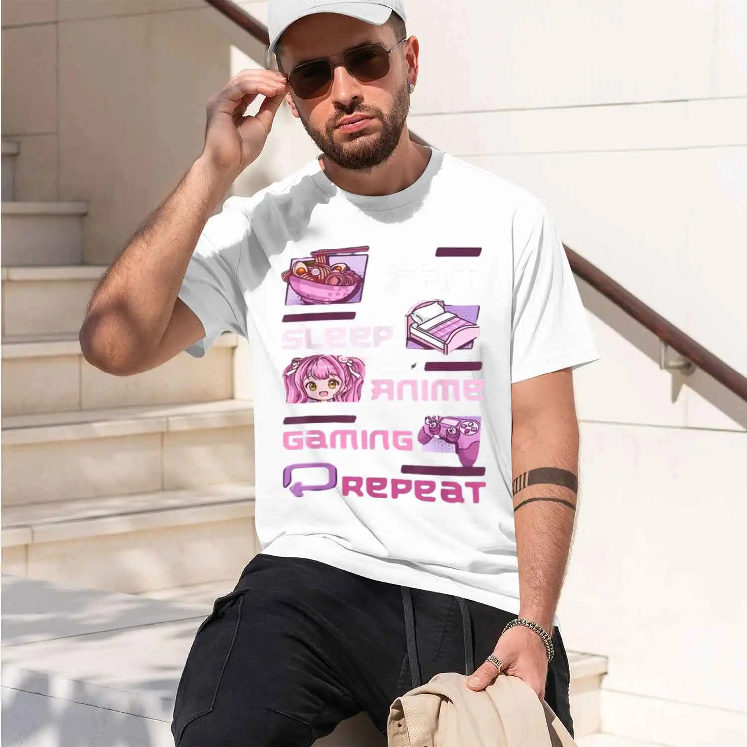 Gamer Gaming Video Eat Sp Anime Gaming Repeat Pink Grh Tees Student Cl Men's Clothing Mother's Day 2026 New Model Short-sleeve c