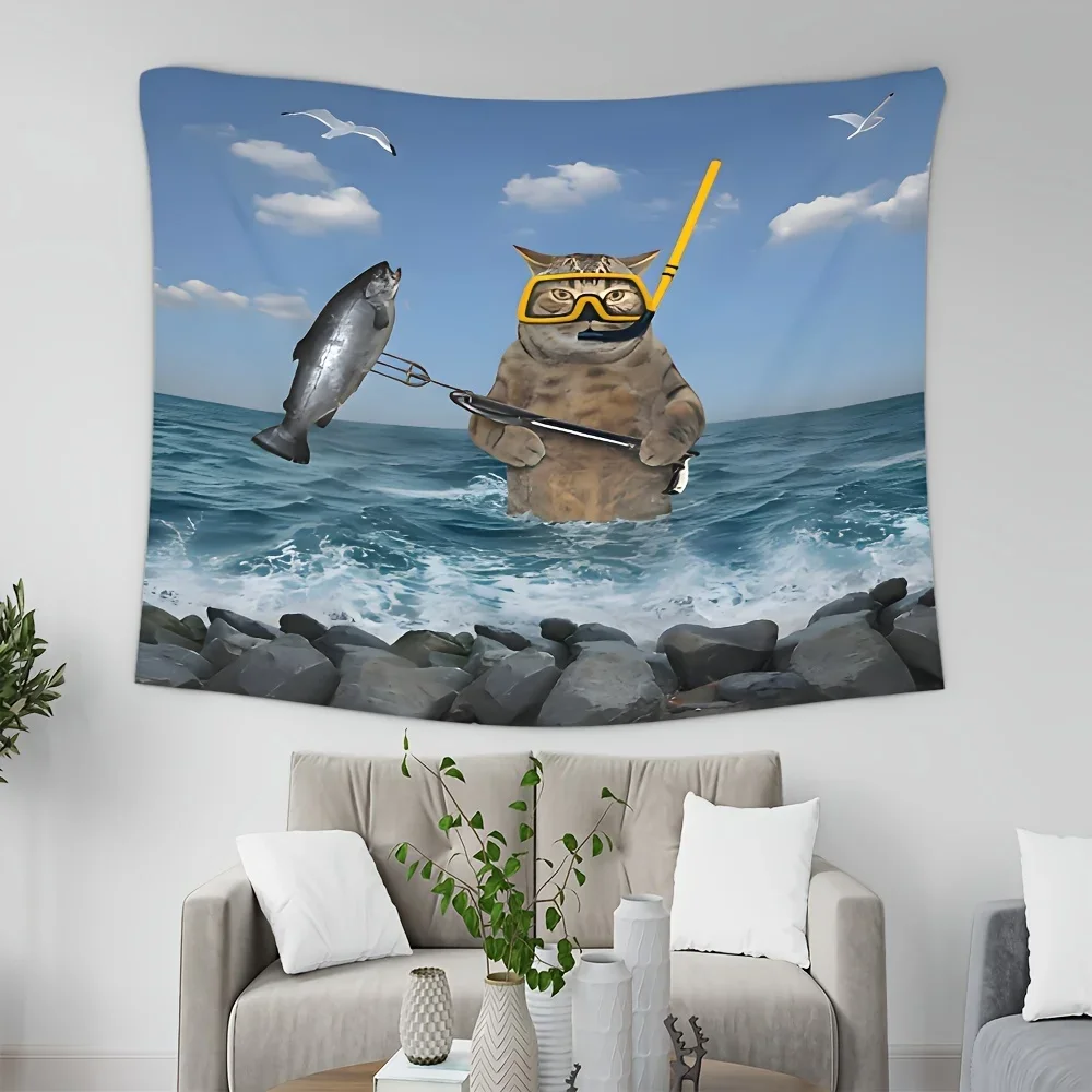 Fun Cat Catching Fish Digital printing polyester wall tapestry suitable for use in living rooms bedrooms offices bars party
