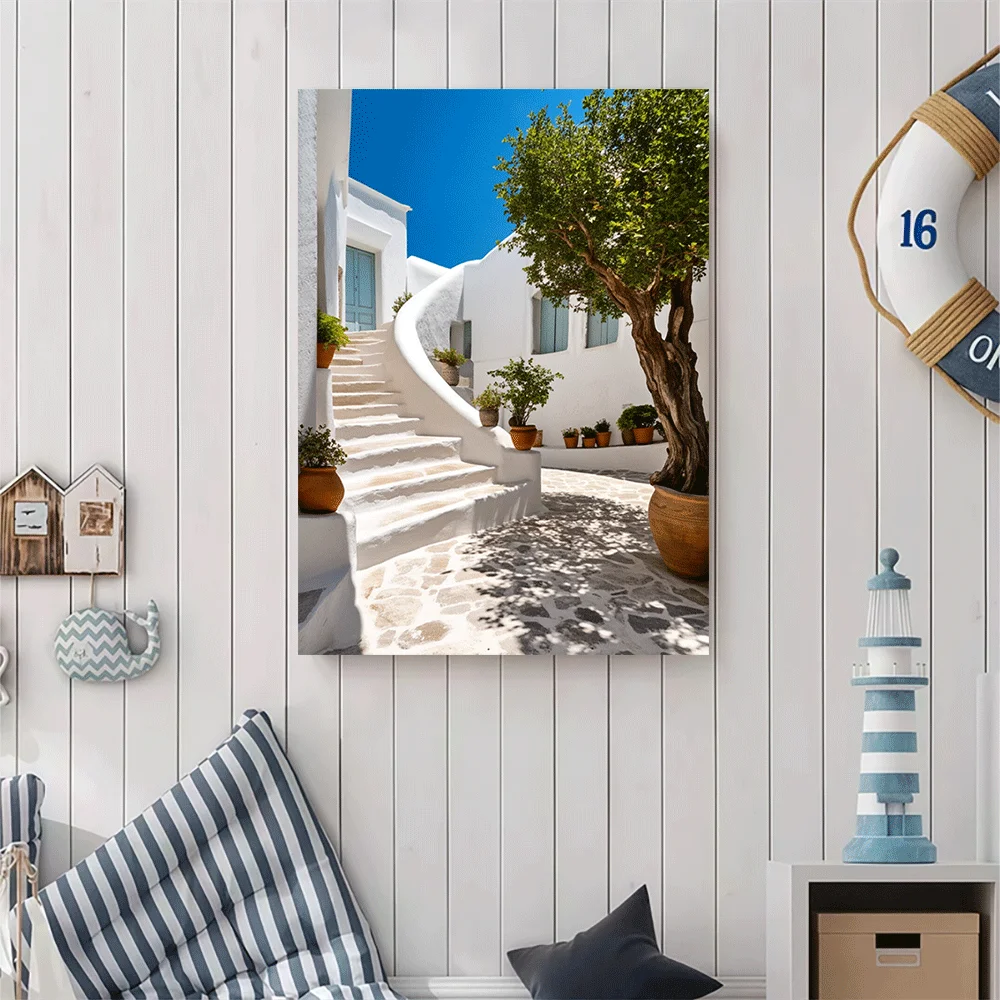 1PC-Canvas poster Unframed  White House Staircase Mediterranean Garden Tree Sunlight Canvas Print  summer