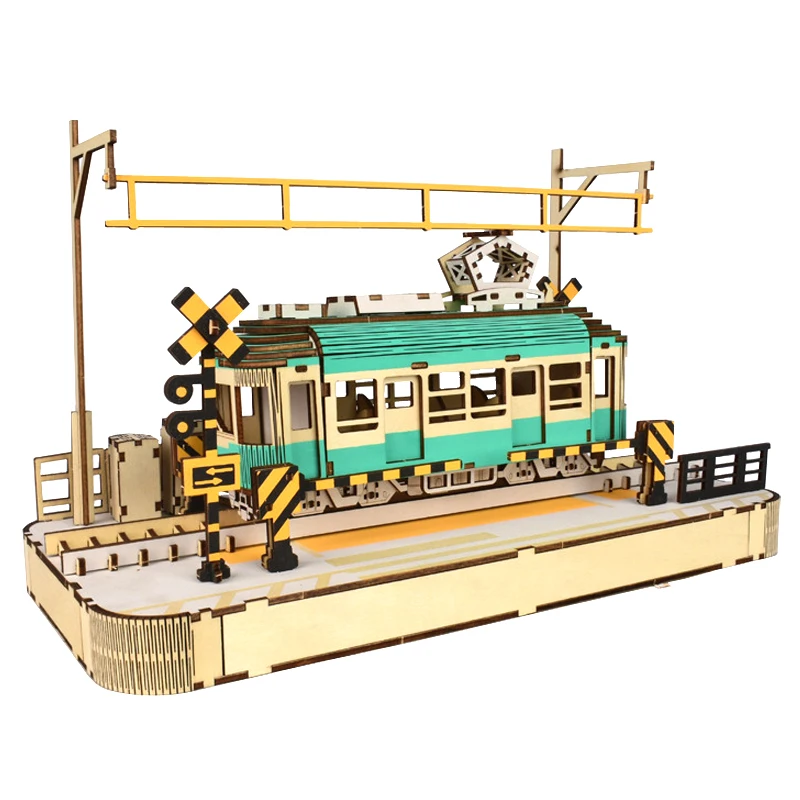 

3D Wooden Streetcar Puzzle Japanese Style Cherry Blossoms Sakura Tram Station Model Kit Desk Decoration Assembly Toys for Teens