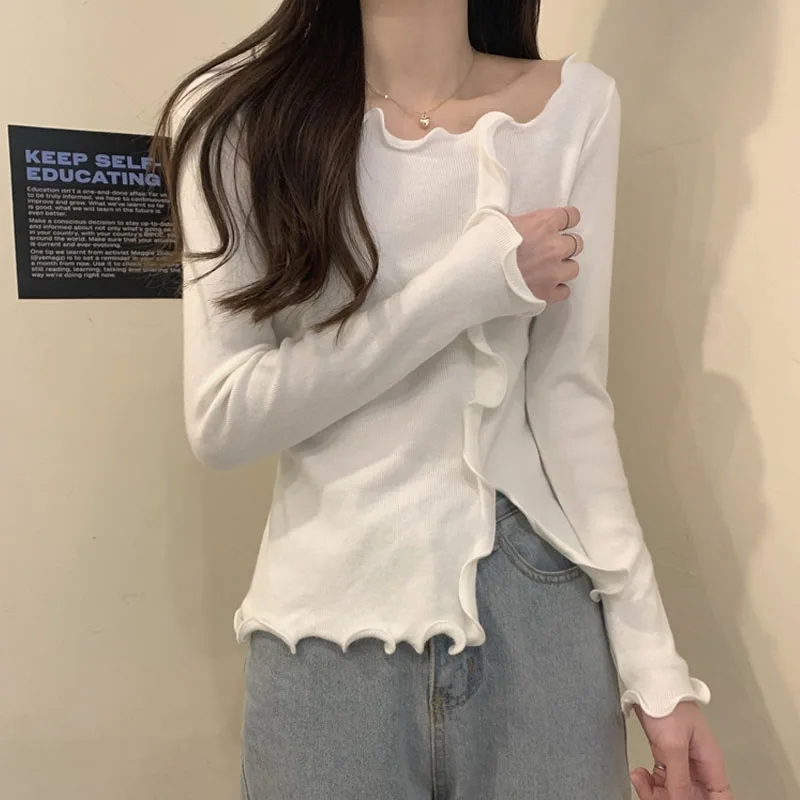 

Knitted Sweater Women Pullovers New Long Sleeve O-Neck Ruffles Knit Sweater Pullover Women Tops Sweaters Sueters De Mujer Q1125