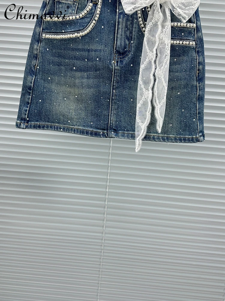 Fashion Anti-light Denim Short Skirt Women's 2025 Summer New Heavy Hot Diamond Beads High Waist Slim Short A-shaped Skirts