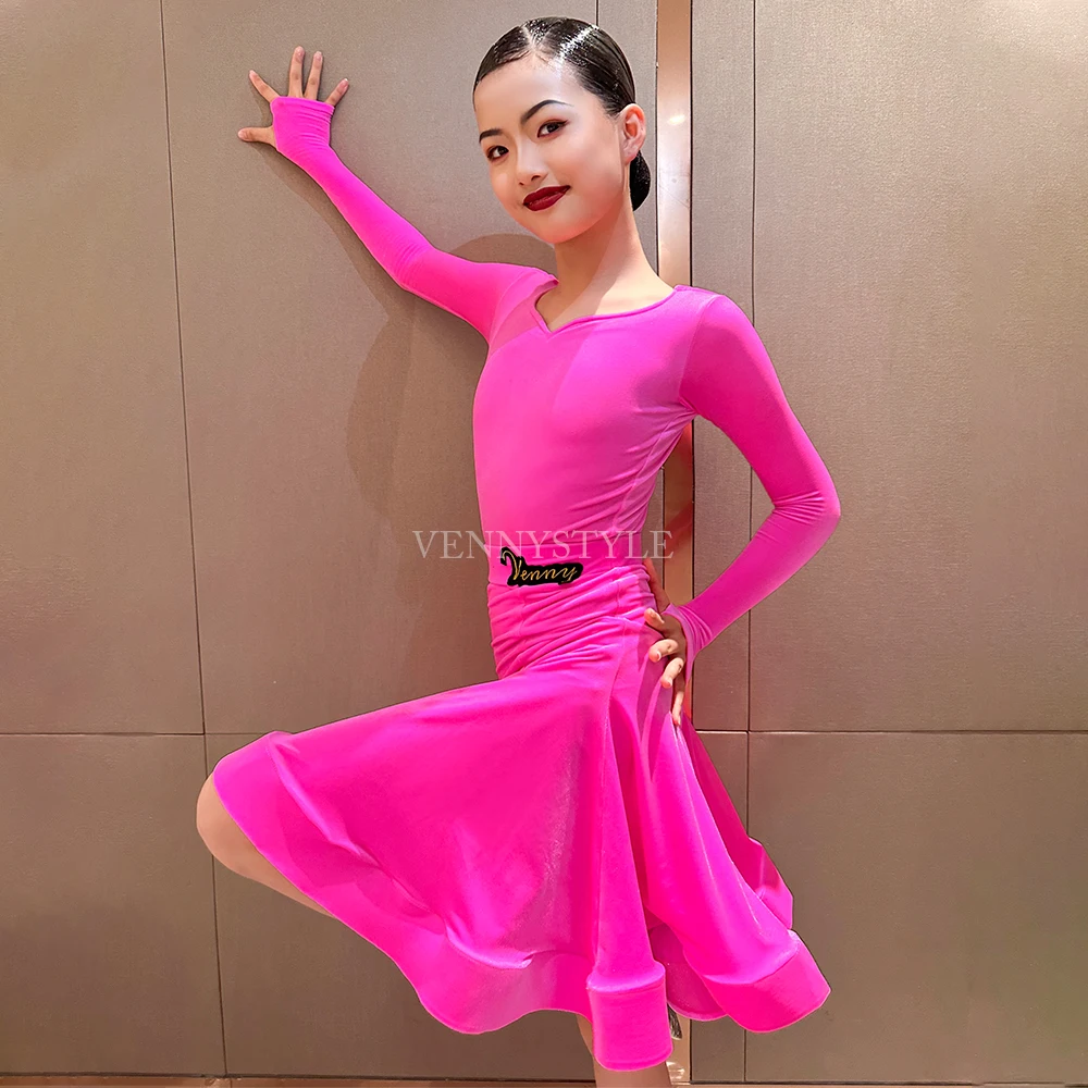 Vennystyle Latin dance competition dress Professional ballroom dance long sleeve velvet dance dress red professional dance dress