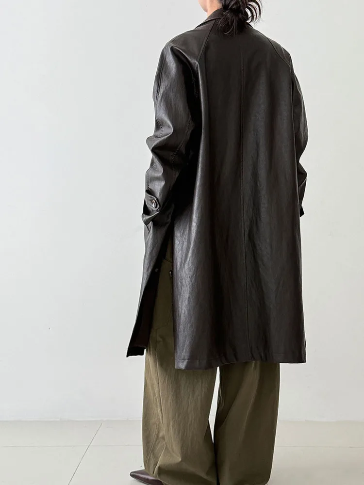 Whtrend jaqueta de couro pu de alta qualidade para mulheres lapela único breasted versátil casacos pretos de comprimento médio primavera outono novo wh2056