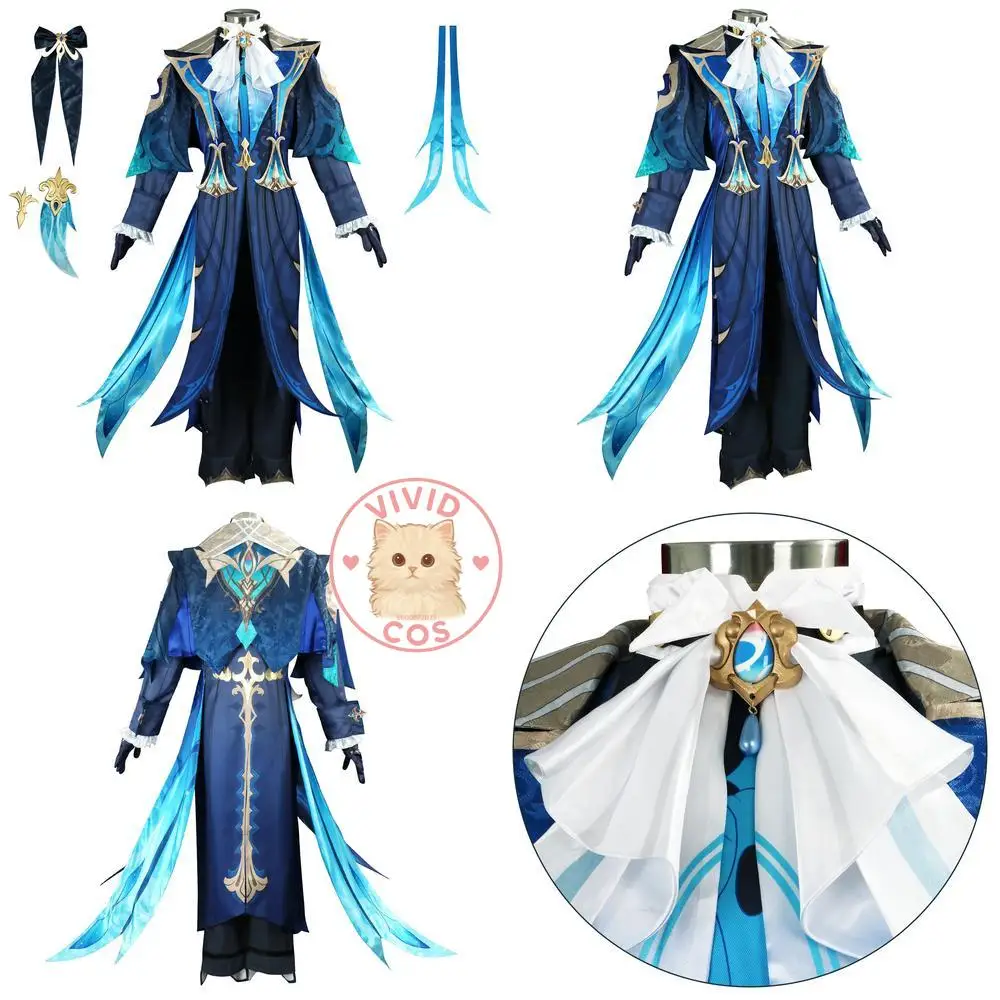 Популярная игра Genshin Impact, карнавальный костюм, аниме Neuvillette, наряд для ролевых игр, мужская синяя униформа, костюм для Comic Con на Хэллоуин