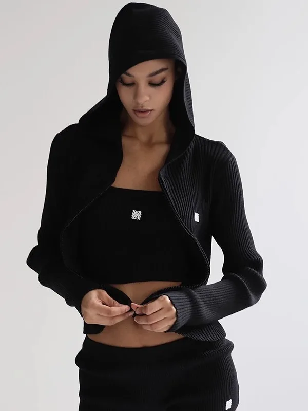 

American Sle Spicy Girl Hooded Ribbed Knitted Cardigan Women Casual Waist Inward ort Zipper Jaet Trendy Cotton Long Sve