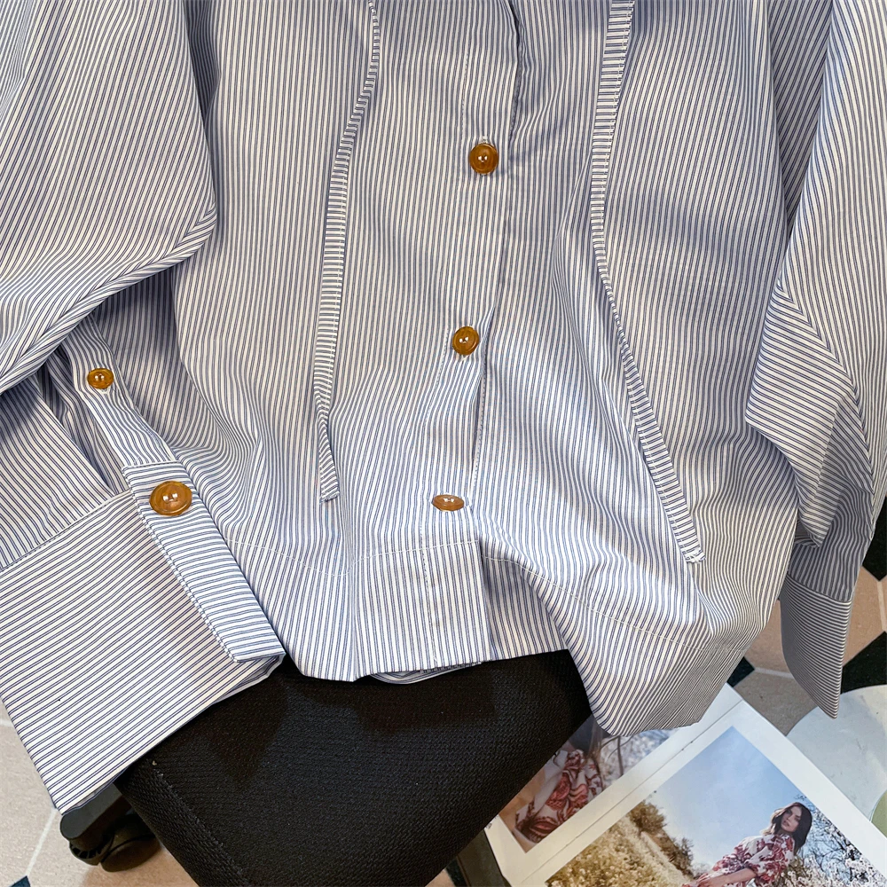 Полосатая рубашка с капюшоном на шнурке, женская осенняя корейская шикарная уникальная свободная посадка, пуловер с длинными рукавами, повседневная верхняя одежда, женский топ