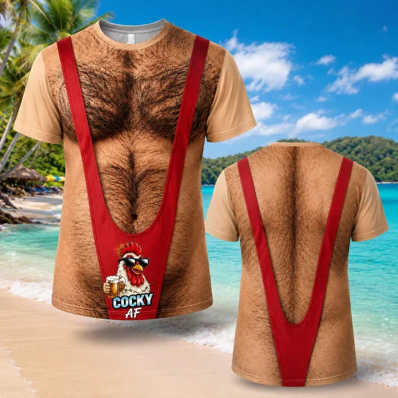 Men Funny 3D Leopard Print Suspender Bikini Fake Muscle Graphic T-Shirt Short Sleeve Novelty Beach Party Casual Streetwear Tees