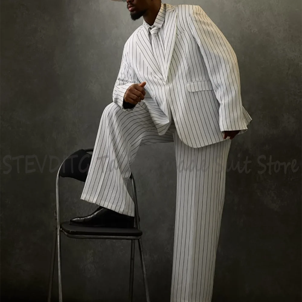 White Stripe Men 2 Piece Suit Notch Lapel Oversized Loose Blazer Pants Matching Set Vintage Handsome Party Prom Formal Outfit