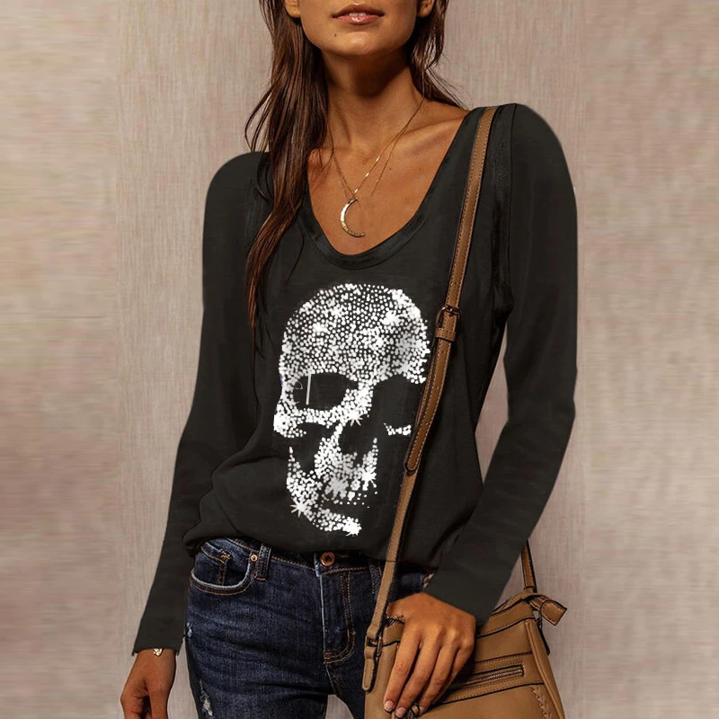 New Women T Shirt Casual Long Sleeve Shirt Women 2021 Spring Summer O Neck Skull T shirt Hollow Out Tee Shirts Lady Streetwear