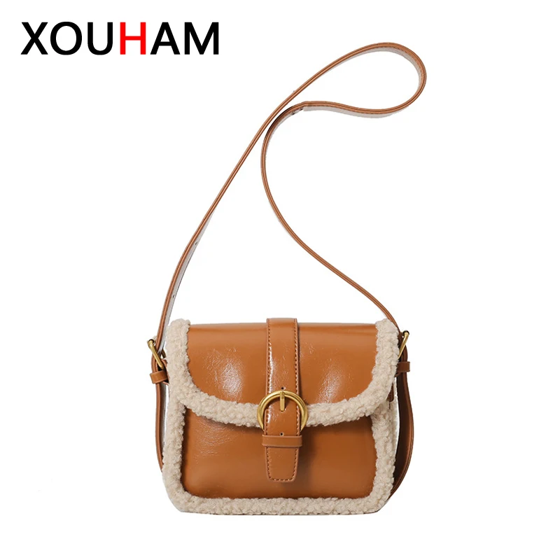 

XOUHAM Women Handbag 3 Colors PU Leather Plush Shoulder Bags Ladies Winter Retro Crossbody Bag Korean Style Small Square Pocket