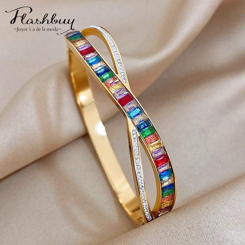 Trendy White Multicolor Zircon Intersect Stainless Steel Bangles Bracelets for Women Charm Waterproof Wrist Jewelry