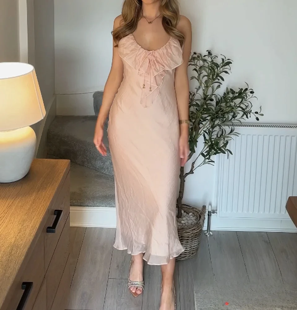 KONDALA Abito elegante da donna con scollo a V a strati Abito longuette senza schienale con lacci Nuovo 2025 Primavera Estate Moda Party Beach Date Dres