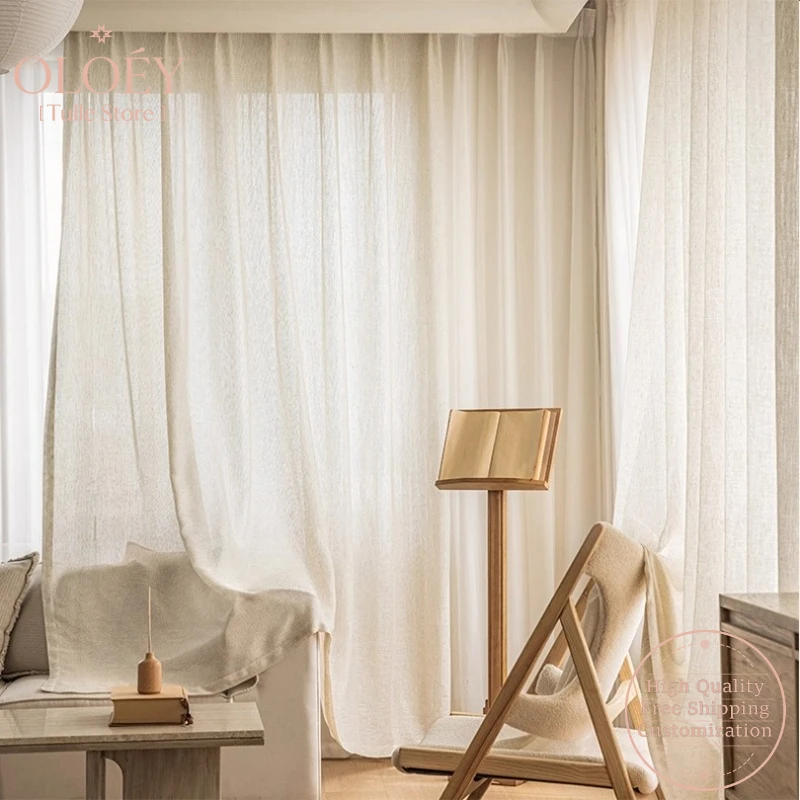 Japanese Light Blocking Cotton Sheer Curtains for Bedroom Linen Woven Cream White Natural Yarn Living Room Light Filtering Gauze