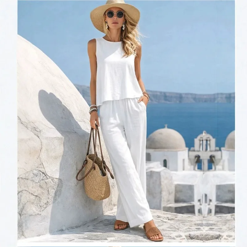 

Women's Linen Blend 2 Piece Set Sleeveless Round Neck Top and Elastic Waist Wide Leg Pants Summer Vacation Outfit