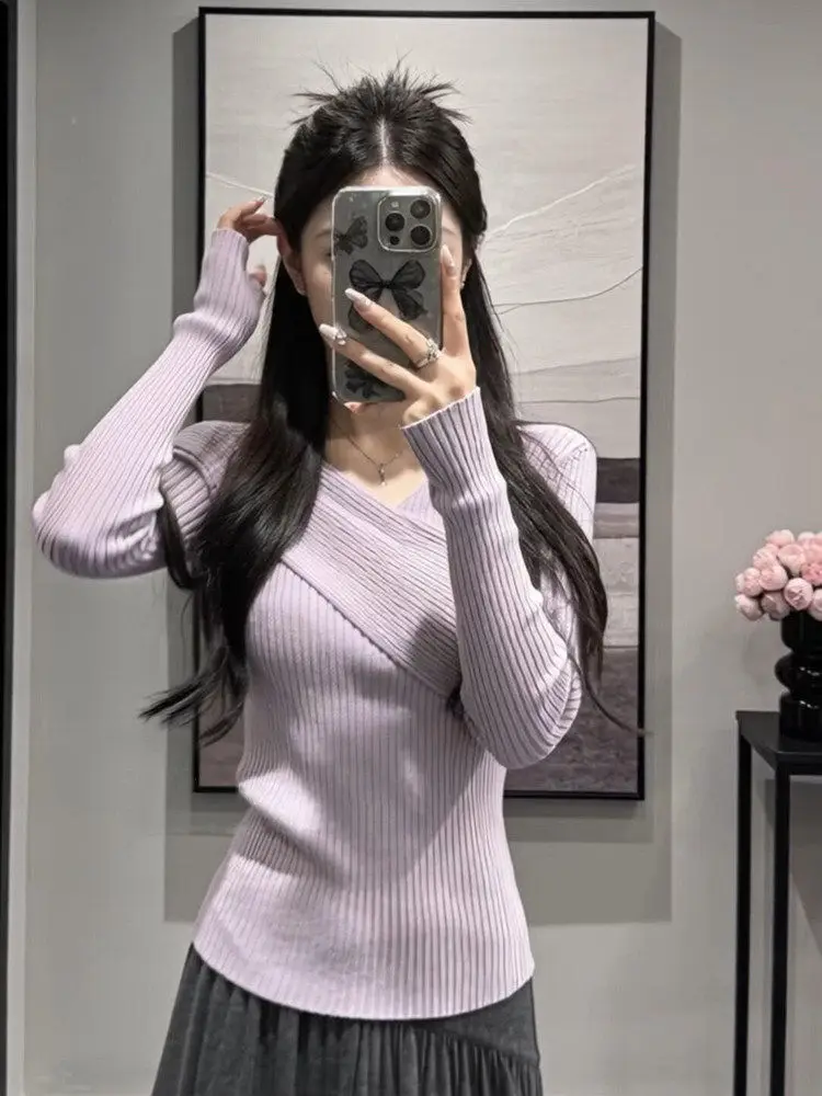 

Ele Women's Knitted Base Layer Top V-Ne Cross Waist Inning Spring Autumn Soft Cozy Sweater Commute Sle Regular Fit