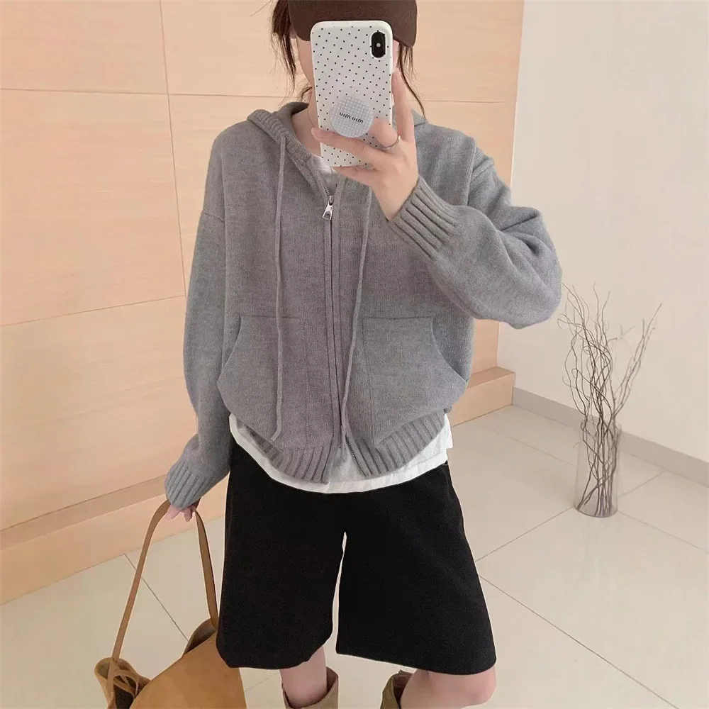 

Autumn Winter New Style Lazy Fashion Open Cardigan Top Women Zipped Hoodie Knitted Pure Color Women's Sweater Jacket