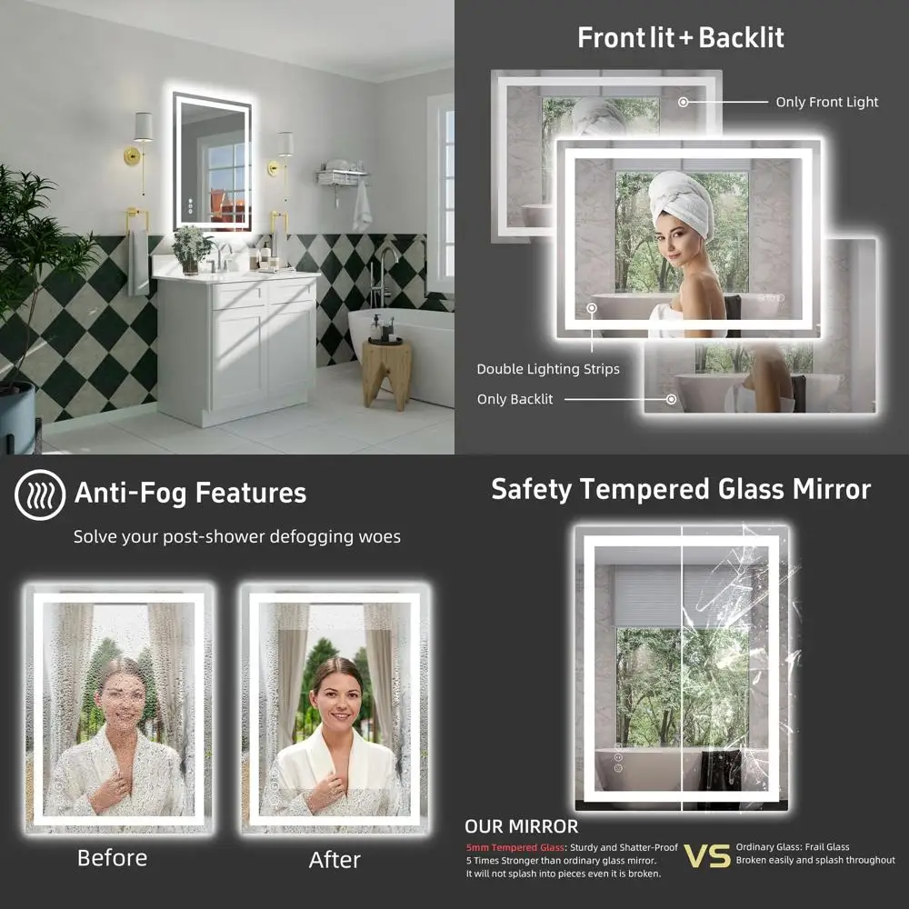 

24x32 LED-lit Bathroom Mirror, Dimmable, Dual-Light, Backlit & Front-lit, Tempered Glass Vanity Mirror