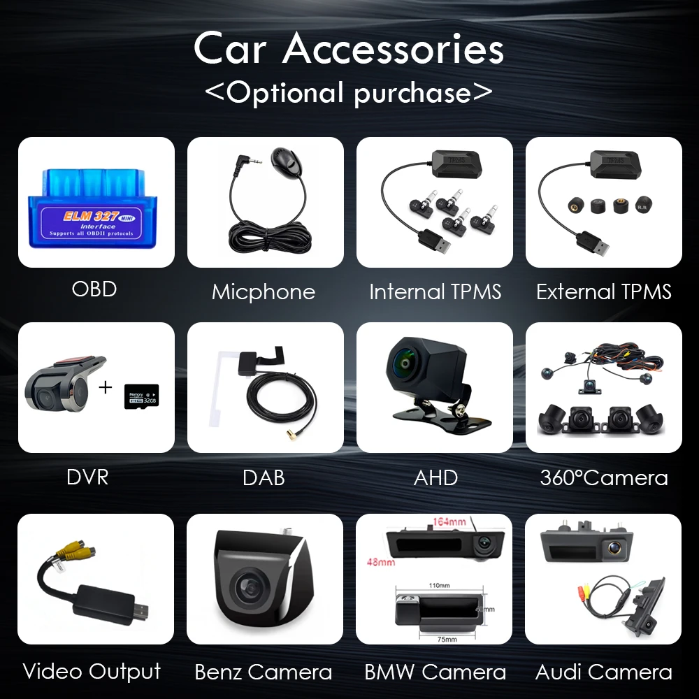 Car Accessories For AHD Rear View Camera USB DVR 360 Camera TPMS OBD Tools Micphone Android Car Radio Navigation Multimedia