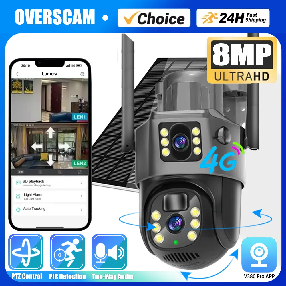 

8MP 4K Solar PTZ Camera 4G SIM Card Outdoor Dual Lens Wifi IP Camera PIR Night Vision V380 Pro CCTV Security Protection Monitor