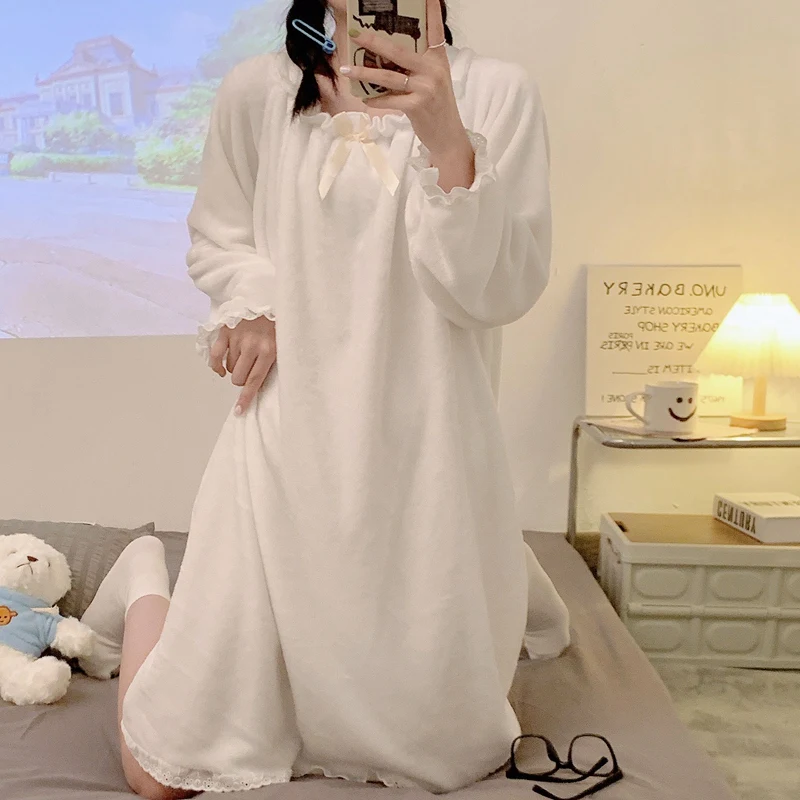 

Зимние толстые теплые фланелевые ночные рубашки с длинными рукавами для женщин, корейские милые кружевные пижамы из кораллового флиса, ночное платье, ночная рубашка, ночная рубашка