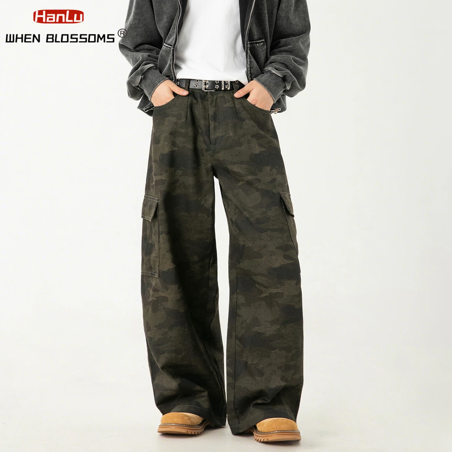 HANGLU 2025 Men's Vintage Camo Cargo Pants High Street Straight Leg Tactical Pocket Streetwear Utility Casual Trousers