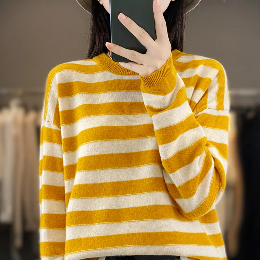 O-Neck Stripe Pullovers for Women Spring Summer Long Sleeve Casual Cotton Soft Thin Sweater T Shirt Girl Korea Fashion Tops