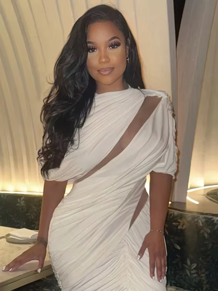 Macheda Abito lungo sottile Donna Design cavo irregolare o-collo Manica corta Vita alta Midnight Prom Party Abiti eleganti increspati